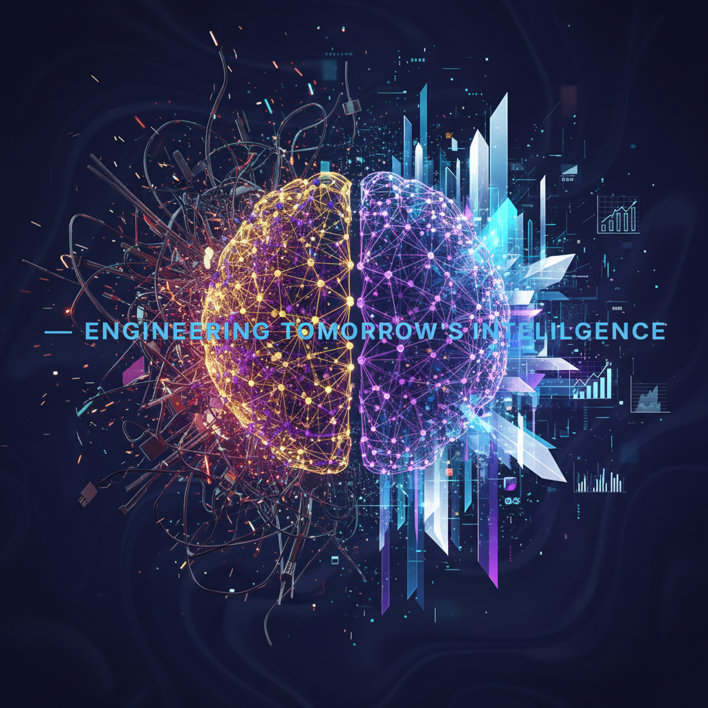 Neural network brain transforming chaos into structured AI value