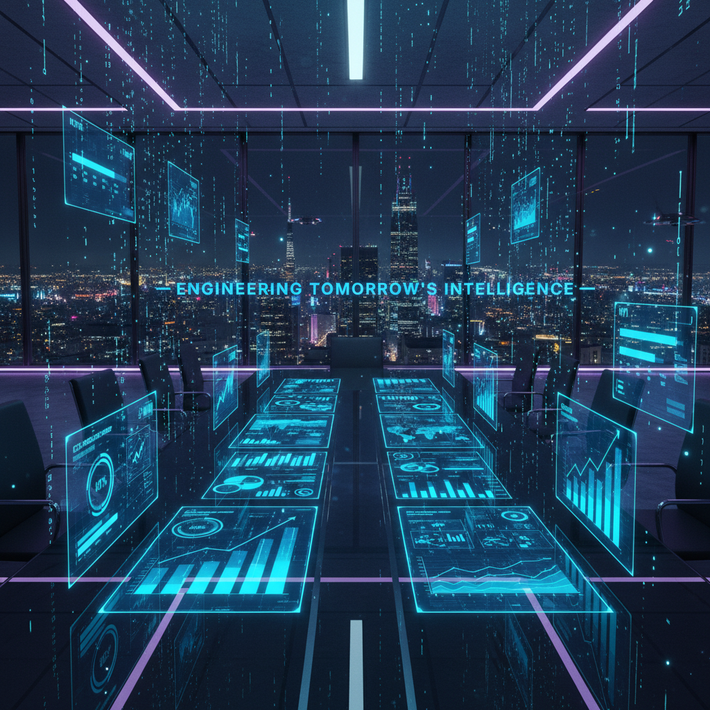 Futuristic boardroom with holographic AI ROI dashboards